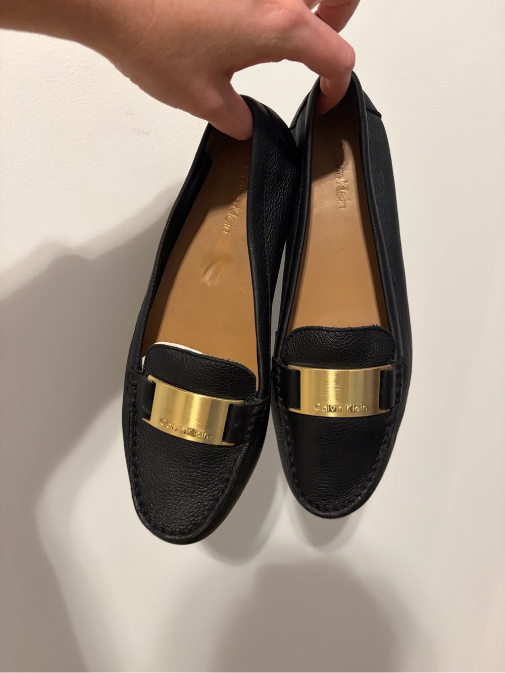 Calvin Klein Black Leather Loafers with Gold Plate